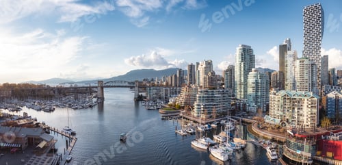 Preview: View of Granville Island in False Creek with modern city skyline