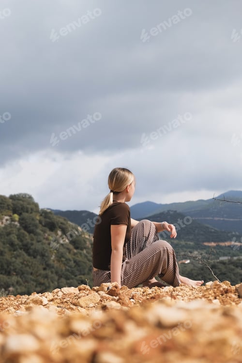 Preview: Mindful Woman Embracing Nature,Mountain Retreat,Digital Detox,Gen Z Wellness,Mental Balance