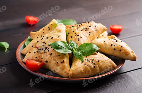 Preview: Asian food. Samsa (samosa) with chicken fillet and green herbs on wooden background.