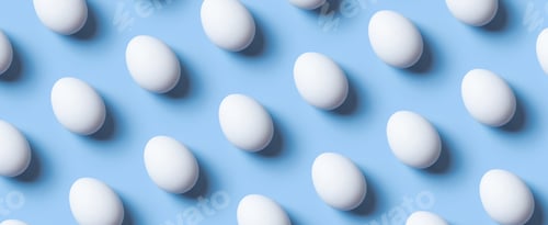 Preview: Creative banner with pattern from white eggs on blue background. Easter minimalistic concept