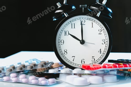 Preview: Clock beside various medicine packs shows time management for health