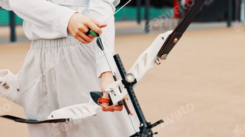Preview: Hands, archer and bow for training, skills and preparing for competition, equipment and outdoor for