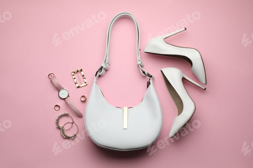 Preview: Stylish woman's bag, shoes and accessories on pink background, flat lay