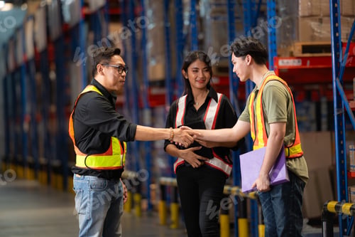 Preview: A group of warehouse employees, Inspecting products on warehouse shelves