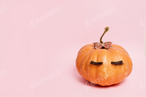 Preview: Pumpkin with false eyelashes and bow on pink background. Autumn, fall, halloween concept. copy space