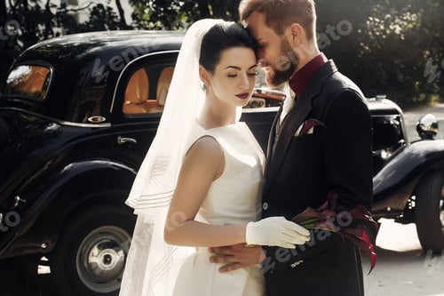 Preview: Bride and handsome stylish groom gently hugging on background of black car