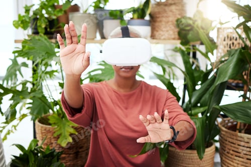 Preview: Woman, virtual reality and headset with hands at home for metaverse, 3d world or future. Black pers