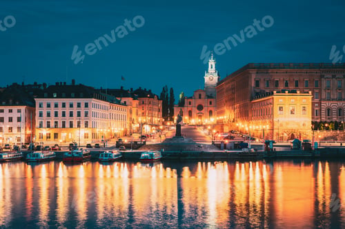 Preview: Stockholm, Sweden. Scenic Famous View Of Embankment In Old Town Of Stockholm In Night Lights. Great