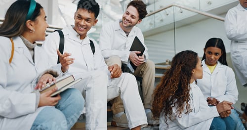 Preview: Happy people, students or medical interns with group for healthcare scholarship at med school. Youn