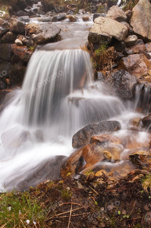 Preview: Mountain river flowing through the green forest. Stream in the wood.