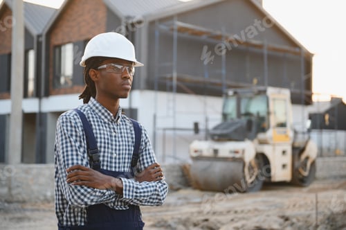 Preview: African american construction worker overseeing building site development