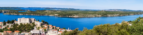 Preview: Panorama, wide shot of the Sibenik, Croatia. Aerial view of the Sibenik old city and adriatic sea