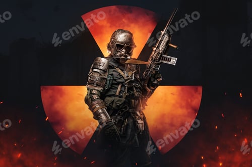 Preview: Post-apocalyptic soldier stands against a backdrop of a nuclear safety sign