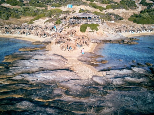 Preview: Beautiful Beach And Rocky Coastline Top Aerial View Drone Shot, Sithonia, Greece