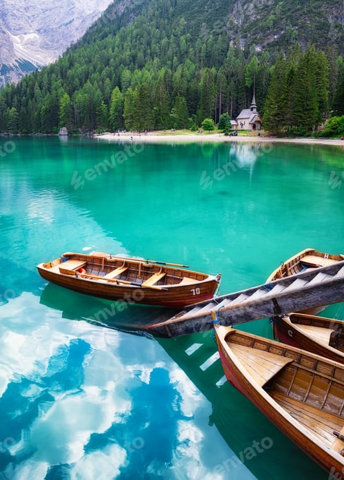 Preview: Lago di Braers lake, Dolomite Alps, Italy. Boats on the lake.