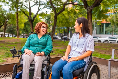 Preview: Multi-ethnic disabled people talking in the park