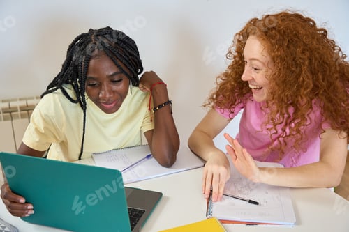 Preview: Students doing homework together and watching online lesson on laptop
