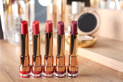 Preview: Set of bright lipsticks in gold tubes on dressing table