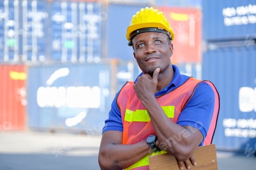 Preview: Portrait of technician man or worker in cargo container factory stand and action of thinking