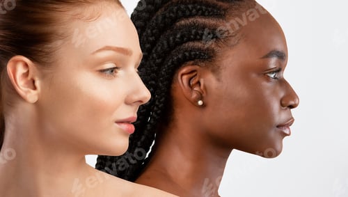 Preview: Dark-skinned and pale red-haired young women on white, closeup