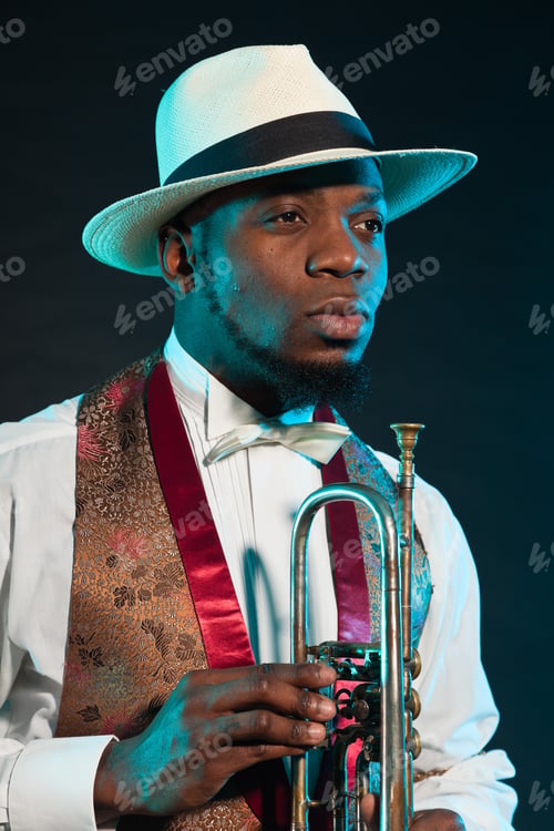 Preview: Black African American Jazz Trumpet Player. Vintage. Studio Shot.
