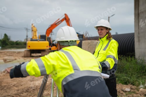 Preview: The survey team is using a theodolite and road construction plans.