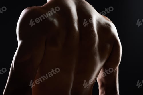 Preview: Bodybuilder man, back and silhouette in studio, shadow and wellness with health, strong and black b