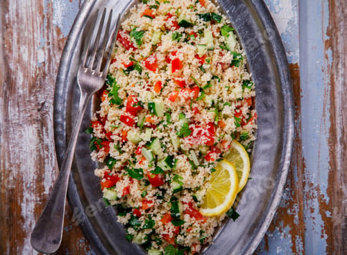 Preview: Tabbouleh salad with couscous on the plate.Traditional middle eastern