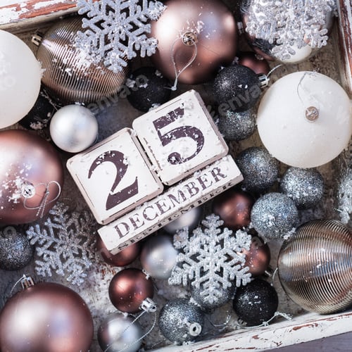 Preview: Christmas decorations and wooden blocks with 25 December Date