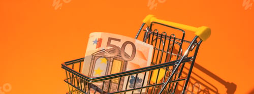 Preview: Euro paper currency 50 banknote money Shopping trolley cart on colorful orange yellow background