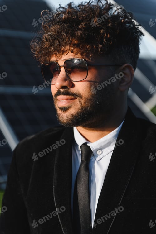 Preview: Arab businessman wearing sunglasses standing near solar panels