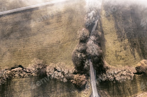 Preview: Top view of a road ina field in autumn on a foggy day