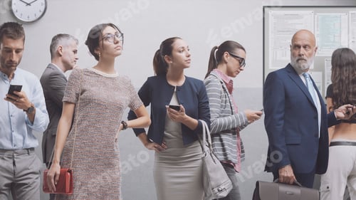 Preview: Diverse people waiting in a corporate building