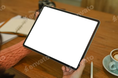 Preview: Close up view female hands holding digital tablet with lank screen.