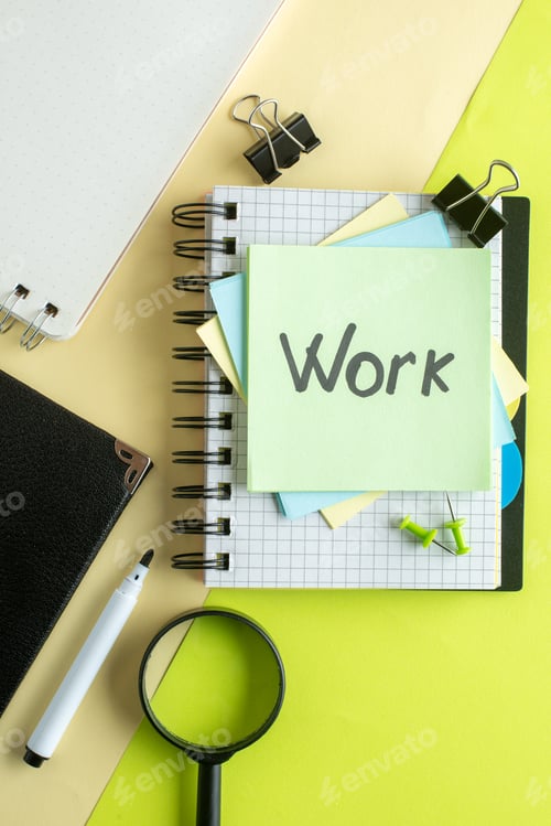 Preview: top view work written note on stickers on a yellow-green background college job office copybook