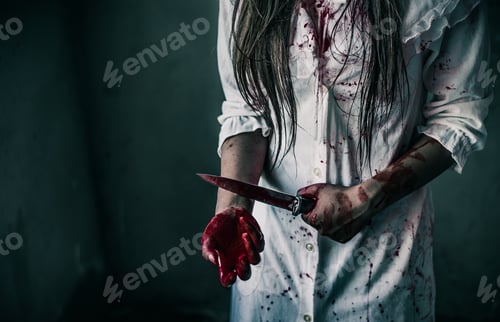 Preview: Ghost woman holding knife for kill a herself with in house. Horror. Halloween.horror of scary fear o