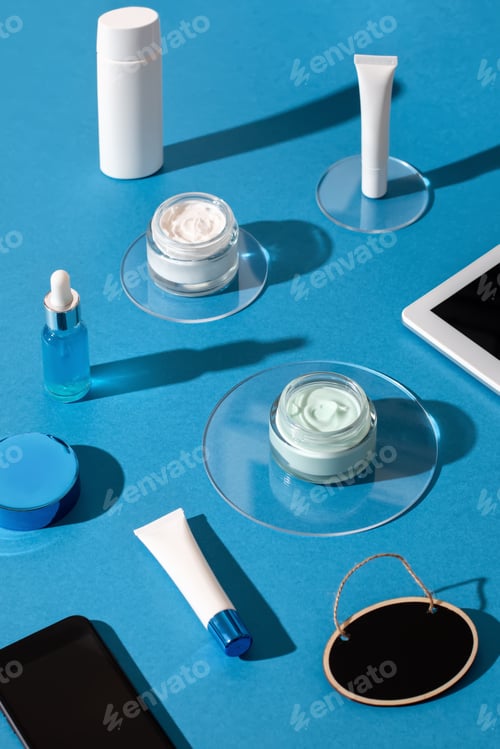 Preview: Skin care cosmetics protecting from gadgets blue light on blue background