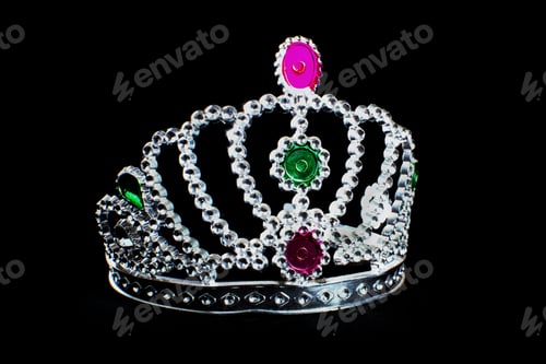Preview: Princess silver tiara with colorful stones isolated on a black background