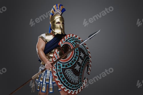 Preview: Warlike warlord from ancient greece with spear and shield
