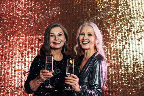 Preview: Stylish senior females standing together against glitter backdrop holding glasses of champagne