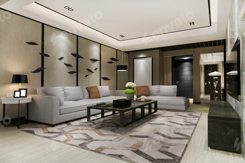 Preview: 3d rendering modern dining room and living room with luxury decor