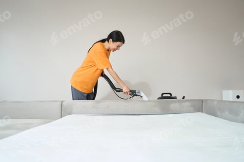 Preview: Pretty female performing professional cleaning with with professional equipment