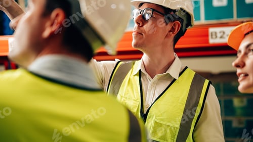 Preview: Professional warehouse workers with safety vest talking and discussing plan