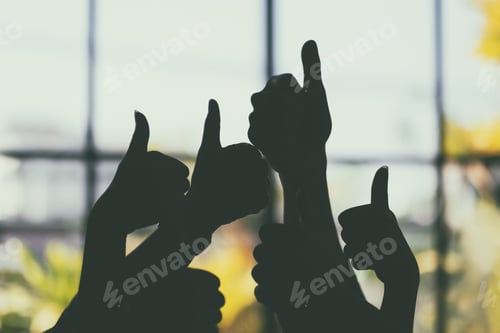 Preview: Silhouette image of many people's hands making thumb up sign