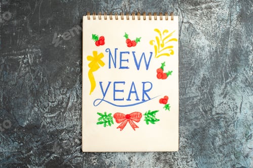 Preview: top view new year note on grey background photo copybook school color christmas holiday