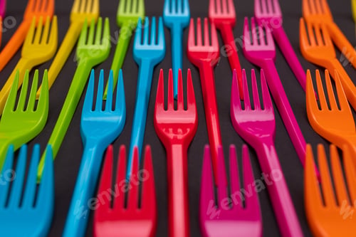 Preview: Many color plastic forks on a bright background