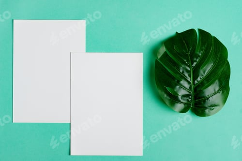 Preview: Paper mock-up postcards with natural tropical palm leaf