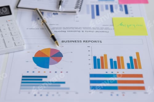 Preview: Group of confident business people point to graphs and charts to analyze market data, balance sheet,