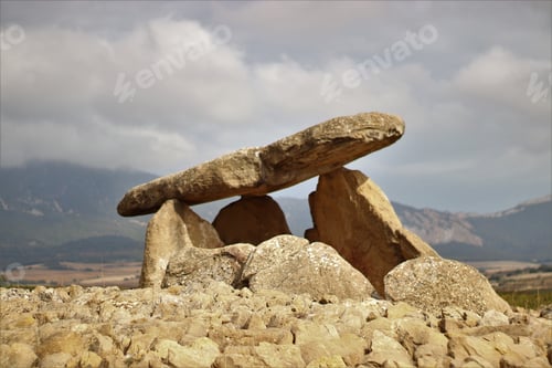 Preview: Closeup shot of Dolmen named Shack of the Sorceress in Laguardia, Alava, Spain