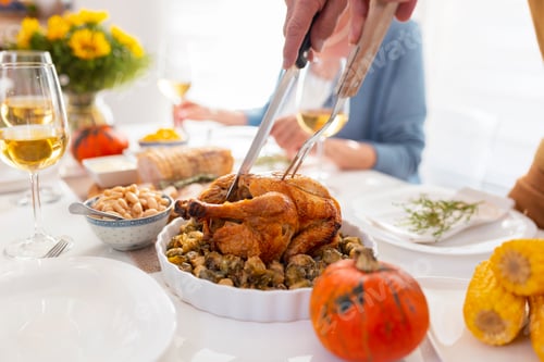 Preview: Detail of man cutting chicken during Thanksgiving dinner